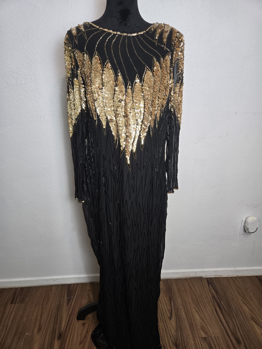 Vintage MY Fashion Black & Gold Silk Beaded Sequin Gown | XL | Formal Evening